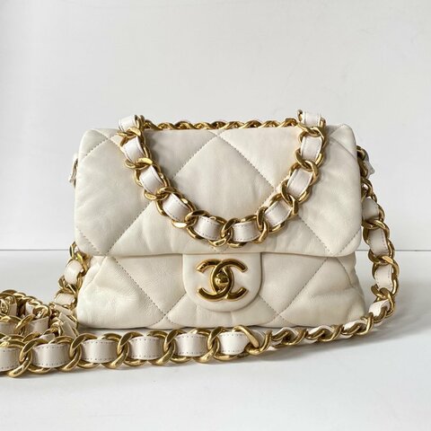 CHANEL 白色 金扣 小羊皮 口蓋包 鏈條包 斜挎包 單肩包 AS3498