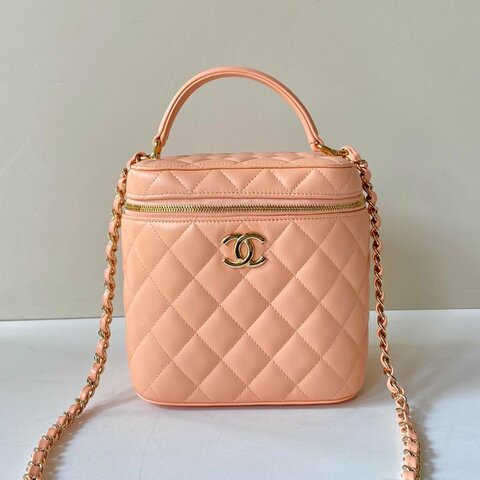 CHANEL 粉色 羊皮 金鍊 直式 手提 斜背 化妝箱 AS2362