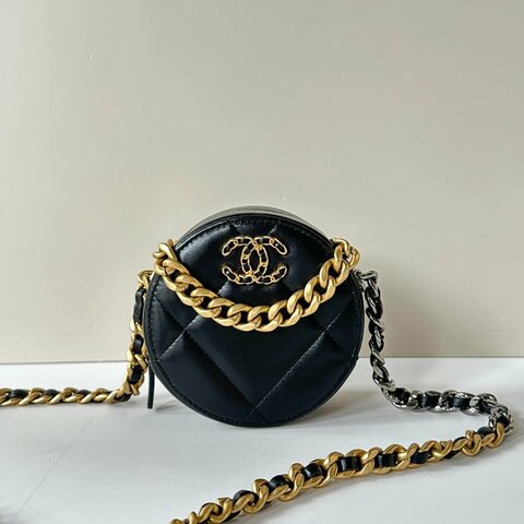CHANEL 19系列 黑色 羊皮 金釦 雙色鍊 圓餅 斜背包 AP0945 現貨