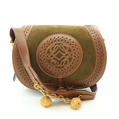 LOEWE Seville 系列 Anagram 斜背單肩包，麂皮材質，卡其色，二手