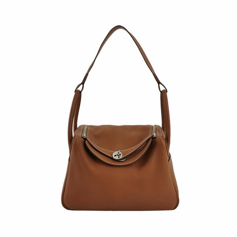 Hermes Lindy30旋扣單肩包Clemence（TC）牛皮銀扣37金棕框R刻
