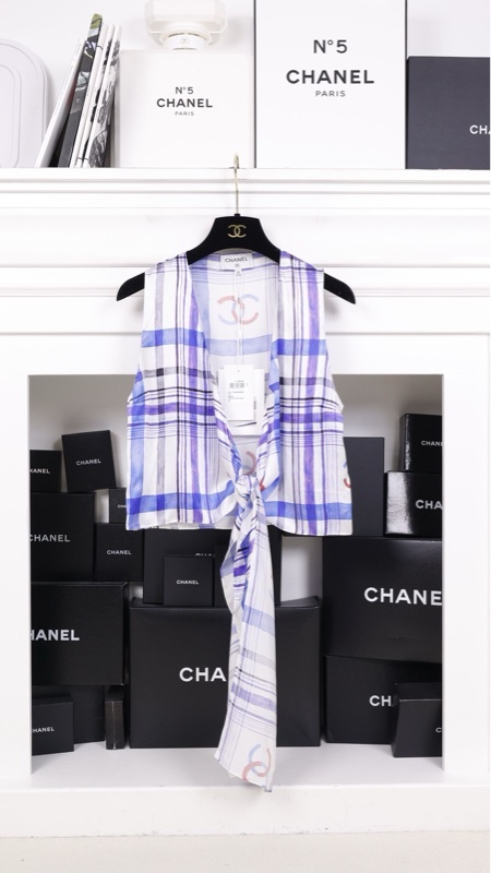 Chanel 23P蓝色条纹格纹印花真丝绑带上衣背心
