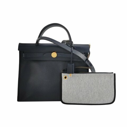 Hermes Herbag31單肩包塗帆布Hunter牛皮帆布金扣76靛藍色淺米色89黑色B刻