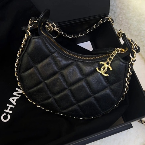 Chanel 香奈兒 黑金羊皮月亮包 芯片款 配塵袋