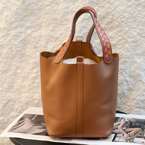 Hermes 愛馬仕 picotin菜籃子22 金棕銀扣編織手柄 epsom皮 D刻 無鎖具鑰匙