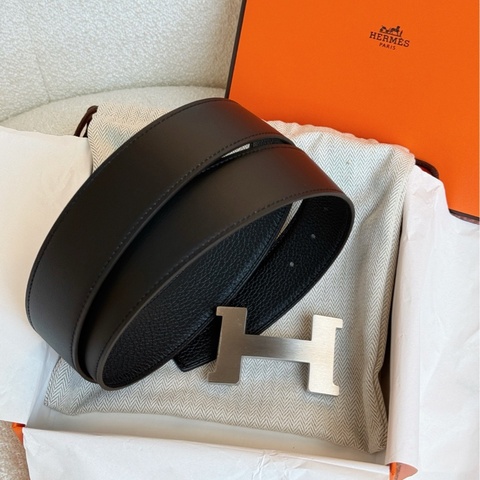 Hermes 愛馬仕 男士H皮帶 黑色 磨砂拉絲銀扣 90cm/38mm w刻。
