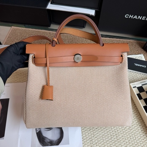 Hermes愛馬仕 herbag31 手提包斜挎包單肩包 金棕拼米色 銀扣