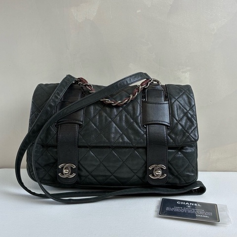 chanel香奈兒 灰綠色 劍橋 郵差包 斜挎包 14開帶卡 25×15 中號 肩帶可調節