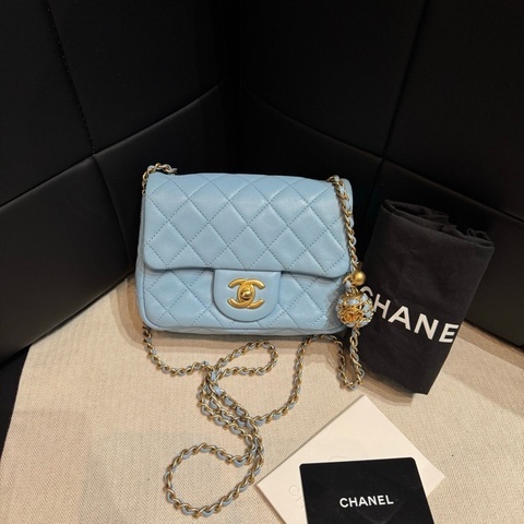 香奈兒Chanel 核桃金球方胖子 斜背包 藍色 芯片款