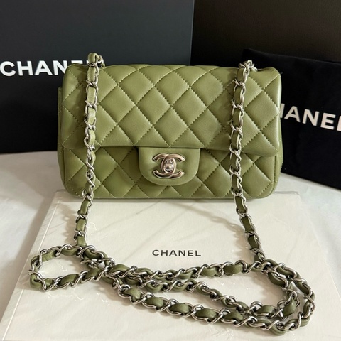 CHANEL香奈兒  Classic Flap羊皮銀扣古巴綠橄欖綠CF大mini單肩包斜挎包 芯片款