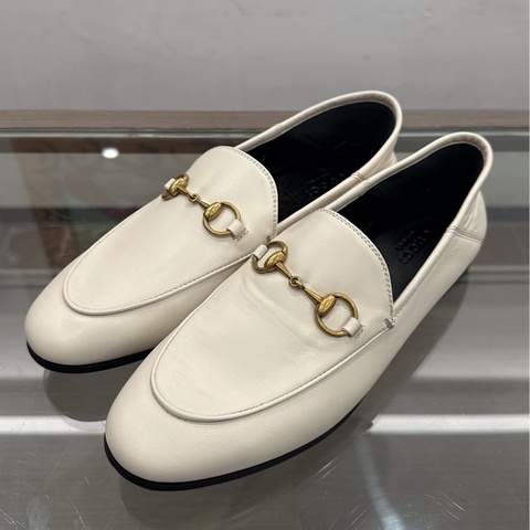 Gucci古馳 金色馬銜扣logo女款白色平底鞋樂福鞋 37碼