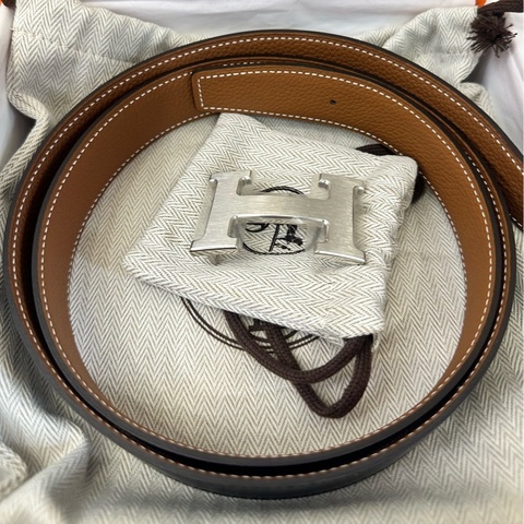 【未使用】愛馬仕Hermes 黑拼金棕腰帶  32/95長度 K刻 全新全套
