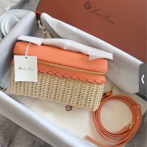 Loro piana 諾悠翩雅 LP19飯盒包 竹纖維拼小牛皮 奶油橘金扣 26年購入大全套竹編包