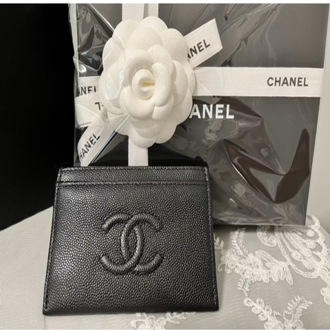 CHANEL 香奈兒 黑色荔枝皮大Logo卡片夾｜信用卡夾／車票夾｜全配附購證