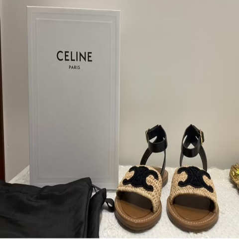 CELINE PARIS《全新》VIC限定 拉菲亞×小牛皮 LYMPIA 平底涼鞋 35號 全配