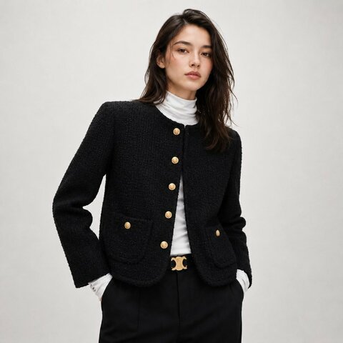 ::CELINE:: 金釦黑色毛呢短版外套36號