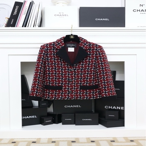 Chanel 15年秋冬餐厅系列小酒馆红色格纹粗花呢两口袋外套