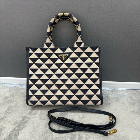 普拉達/Prada Prada Symbole 刺繡織物小号托特包 織物/皮革