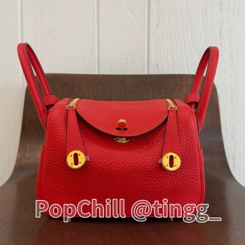 Hermes S5蕃茄紅T/C皮 Mini Lindy金釦手提肩斜背包 H079086CCS5