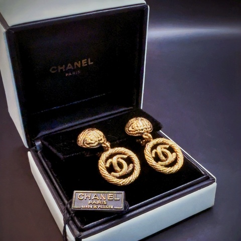 【現貨】Chanel 香奈兒 80年代Vintage✨凱爾特風麻花扭紋復古金✨吊墜耳夾夾式耳環 (附盒)
