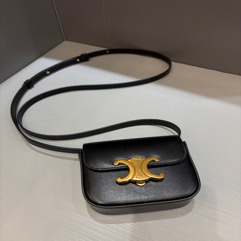 Celine 凱旋門 黑金牛皮 迷你斜背兩用包