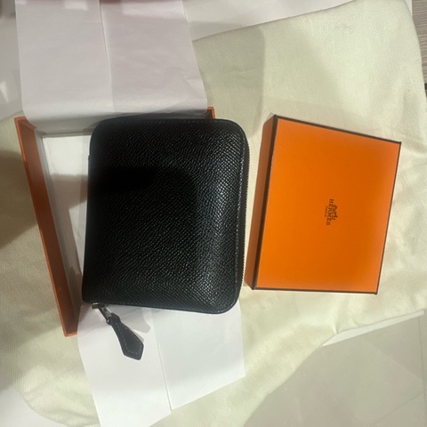 Hermes經典黑色絲巾零錢拉鍊皮夾