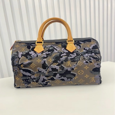 「JL精品代購」98新 LV Fleur De Jals2010秀款植絨亮片刺繡speedy30手提包