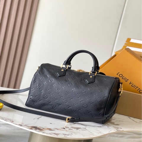 「JL精品代購」98新 LV黑金牛皮老花壓紋speedy35肩帶款