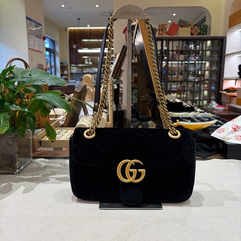 古馳/Gucci gucci 馬蒙26 黑金絲絨 鏈條包