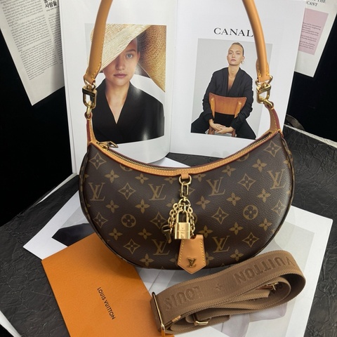 路易威登/Louis Vuitton LOOPING 手袋 月亮包手提包單肩包斜挎包 棕色老花塗層帆布 金扣 純芯片