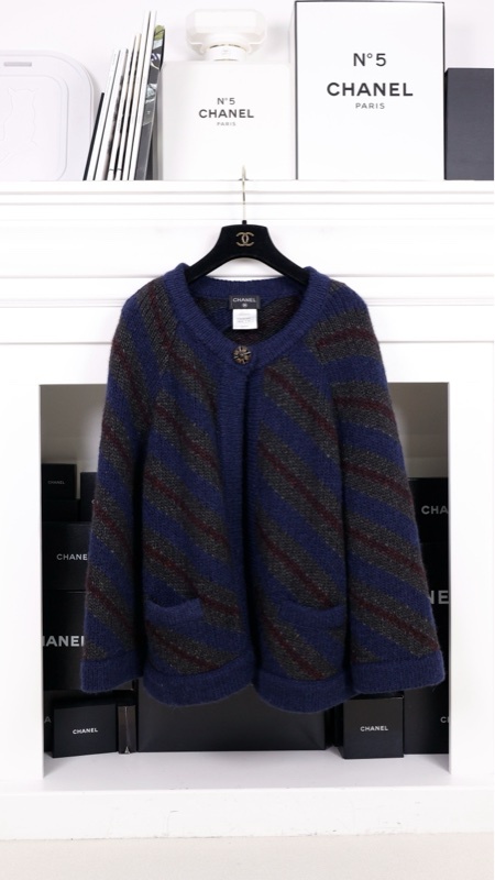 Chanel 12年斗篷秋冬蓝绿斜纹条纹琉璃扣一粒扣针织开衫