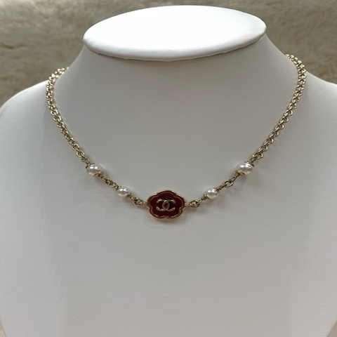 Chanel 香奈兒 短頸鏈 山茶花 桃紅、淡金 珍珠