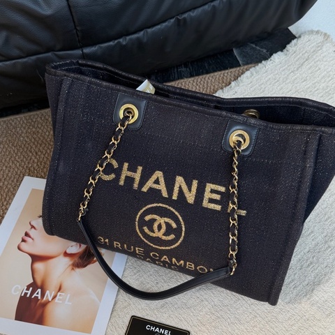 Chanel 香奈兒 深藍色金線tote沙灘包 小號底長34