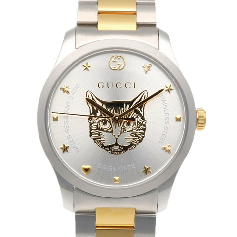 Gucci G-Timeless腕錶，不鏽鋼材質，型號YA1264074 (126.4)，石英機芯，男款，GUCCI貓咪標誌