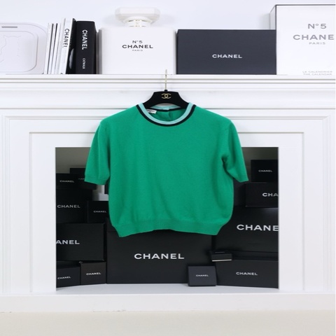 Chanel绿色针织蓝黑圆领滚边针织短袖