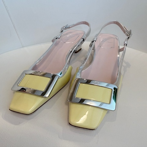 Roger vivier✨RV超顯白氣質方釦銀色拼接低跟鞋 #39
