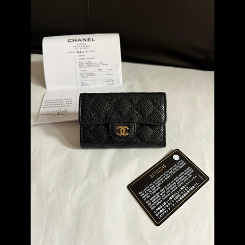 CHANEL香奈兒 99新 黑色金扣黑金荔枝紋牛皮CF卡包零錢包