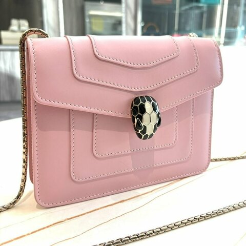 *SHIHNA名牌精品*BVLGARI Serpenti系列FOREVER牛皮琺瑯蛇頭掀蓋方包 (法國玫瑰色)