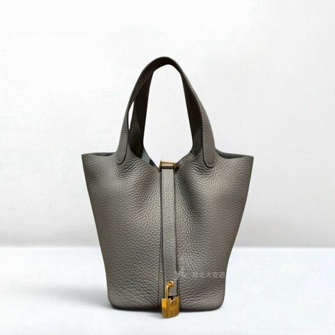 A13349-HERMES 0L積雨雲灰TC皮金釦菜籃子PICOTIN18