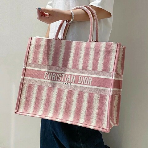 Dior 限量條紋BookTote大號 粉色