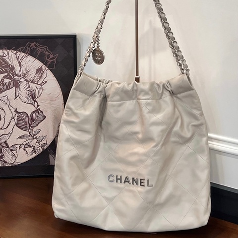 CHANEL 22BAG銀字肩背包 米灰 中號 AS3261/晶片款