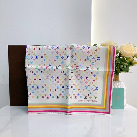 MS0787 Louis Vuitton x Takashi Murakami 路易威登 村上隆 聯乘 純版尺寸 方巾 絲巾 白三彩 70 x 70cm Scarf Multicolor