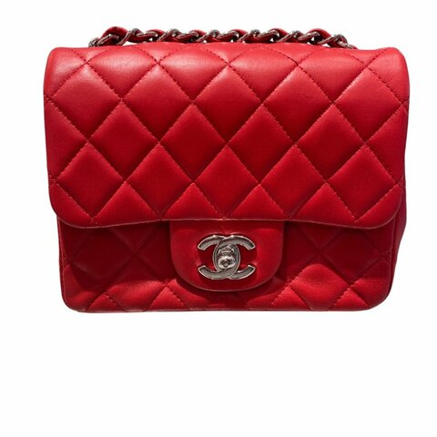 CHANEL香奈兒 MINI SQUARE CLASSIC FLAP BAG 紅色 羊皮 銀釦