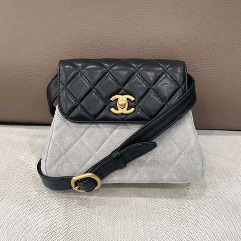Chanel香奈兒25A灰色麂皮拼黑色皮蓋雙C單肩包斜挎包