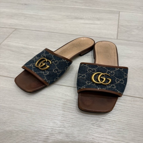 gucci古馳牛仔布百搭平底拖鞋37
