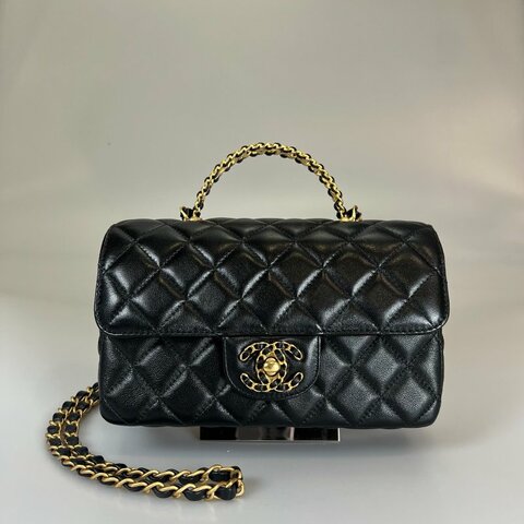 近全新 CHANEL CF金提把TOP HANDLE包 黑羊皮