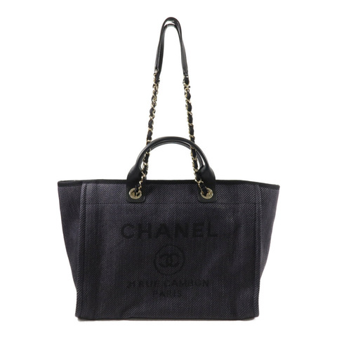 CHANEL 帆布/牛皮皮革Deauville Tote Bag鏈帶肩背袋
