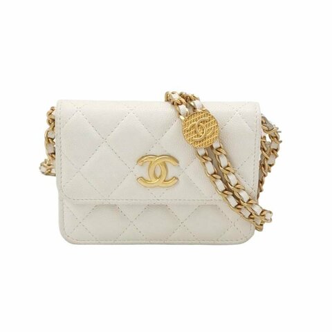 Chanel 牛皮純色菱格絎縫雙C logo金幣單肩包