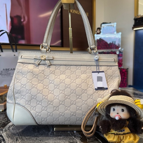 98新💫 GUCCI/古馳 米白色老花蝴蝶結手提包