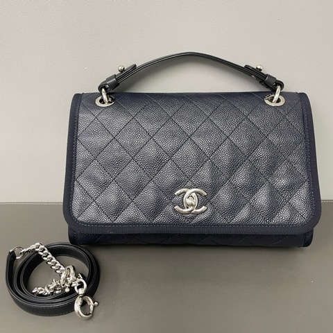 Chanel/香奈兒 25開 深藍色銀扣荔枝紋手提單肩斜挎包
